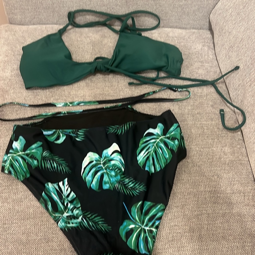 Tropical Leaf Print Bikini Bottom and Green Top